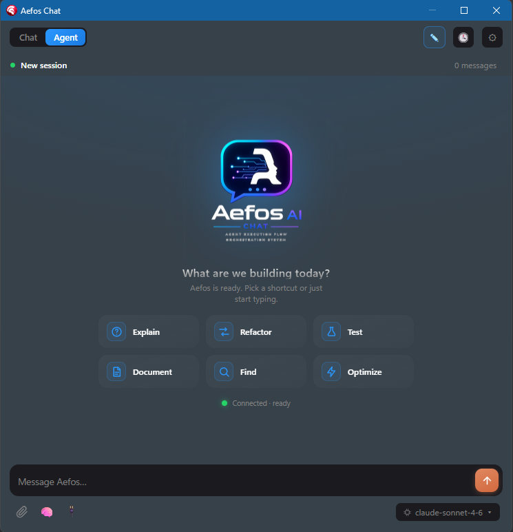 Painel de Chat do Aefos no modo Agent, docado na IDE